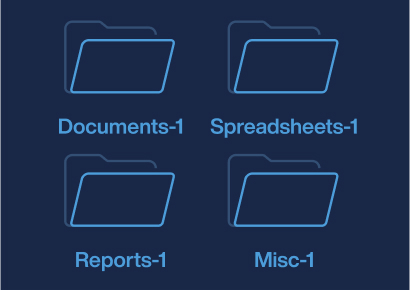 A graphic of 4 file folders labeled: 'Documents-1', 'Spreadsheets-1', 'Reports-1', and 'Misc-1'.